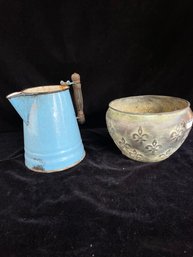 Enameled Pitcher And Pottery Bowl