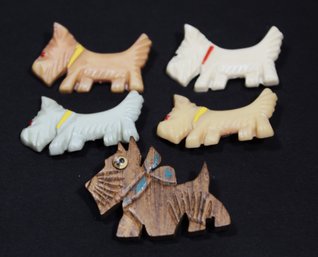 Lot Four Vintage Plastic Scottie Dog Pins And One Carved Wood Scottie Dog Pin