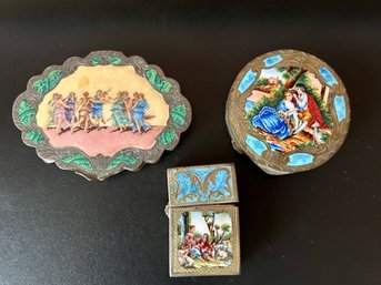 Set Of Vintage Sterling Silver Enamel Cosmetics Cases And Lighter