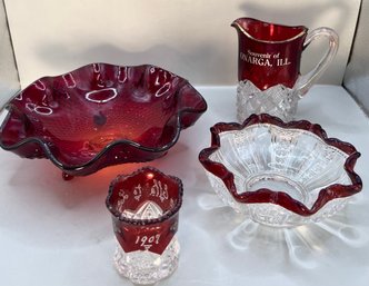 Lot Of 4 Cranberry Glass Tableware Items