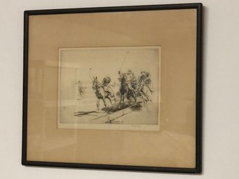 Framed Sighed Pencil Sketch Of Polo Players