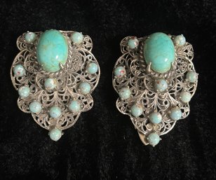 1930's -1940's Pair Of Faux Turquoise And Eilver Tone Dress Clips Etched Design On Backs 1.75' Length