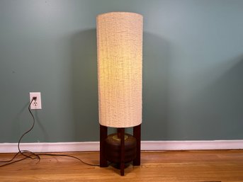 A Fabulous Mid-Century Modern Table Lamp With A Tall Drum Shade & Wooden Body