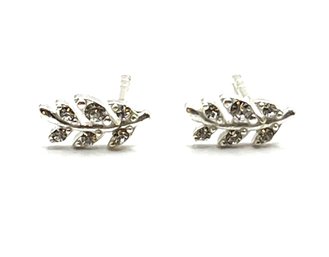 Beautiful Tiny Sterling Silver Clear Stone Leaf Earrings