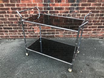 Phenomenal Vintage Chrome Faux Bamboo Bar Cart / Tea Trolley - Fantastic Smoked Glass - $1,700 In NYC - WOW !