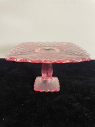 L E Smith Glass  Trellis Pattern Pink Pedestal Dessert Cake Plate