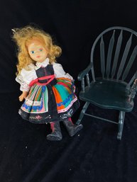 Vintage Doll With Wooden Chair