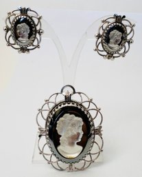 VINTAGE SIGNED WHITING AND DAVIS SILVER TONE CAMEO SET
