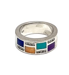 Gorgeous Solid Sterling Silver Clear Stones Multi Color Inlay Ring, Size 6