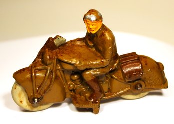Antique Rubber Toy Soldier On Motorcycle By Aub-Rubr Auburn, Ind.