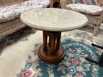 Small Round Granite Top Table With Wood Pedestal Base 1 0f 2