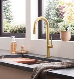 A Rejuvenation Hardware Satin Brass Poetto Pull Down Faucet