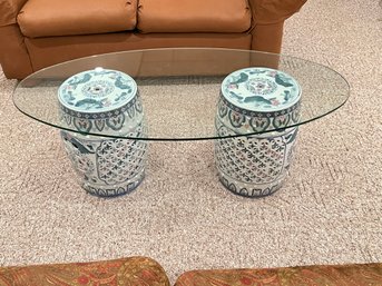 Pair Of Ceramic Garden Stools Turned Into Coffee Table With Glass Top