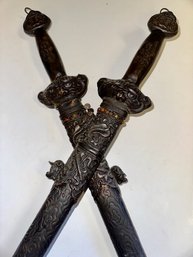 Chinese Crossed Swords In Bronze Color Jeweled Sheaths