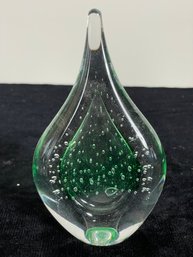 Vintage Signed Hand Blown Lead Crystal Green Controlled Bubble Art Glass Paperweight