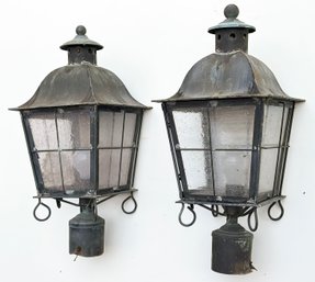 A Pair Of Large Vintage Hand Made Copper Post Lanterns With Bubble Glass Panels