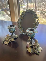 Elaborately Stunning Frog And Floral Candle Stick Holders & Picture Frame 7' X 6'