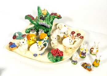 Hand Made Platter Full Of Animals- Sheep, Bunnies, Chicks And Other Animals Plus Five Tiny Bunnies