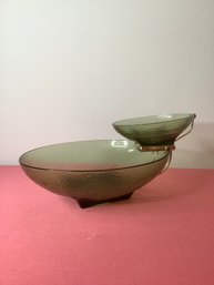 Vintage Anchor Hocking Avocado Green Glass Chip And Dip Set Bowl