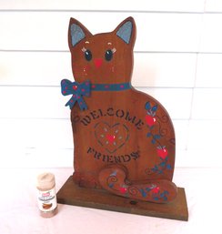 Giant Welcome Friends Wood Cat Sign Stand