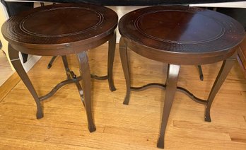 Pair Of Round Top Hardwood End Tables