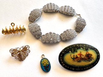 Vintage Russian  Lacquer Pin, Monet Rhinestone Bracelet, Mexican Flower Pendant, Butterfly & Gold Macaroni