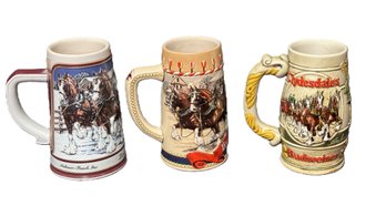 Three Vintage Ceramic Budweiser Beer Steins Depicting The Famous Clydesdales Made By Ceramarte/Brazil