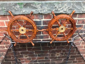 Very Nice Pair Of SOLID TEAK And Brass Ships Steering Wheels - High Quality - Very Well Made - NICE PAIR !