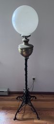 Art Deco Wrought Iron And Brass Standing Lamp With Glass Orb Shade