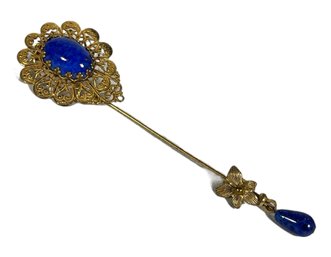 Signed Miriam Haskell Gilt Metal And Blue Cabochon Stone Stick Pin