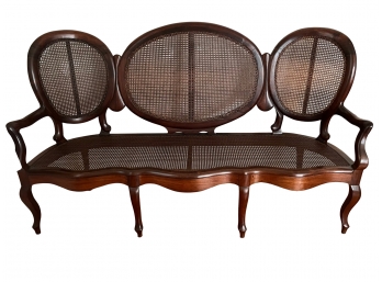 * Prized Brazilian Jacaranda Wood Carved And Caned Triple Backed Settee Bench