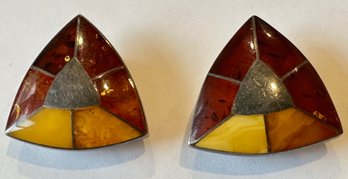 Vintage 925 Sterling & Multicolor Natural Amber Clip-on  Earrings