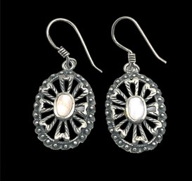 Vintage Sterling Silver Mother Of Pearl Ornate Dangle Earrings