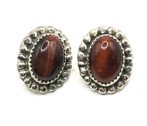 Beautiful Vintage Sterling Silver Tiger's Eye Ornate Earrings