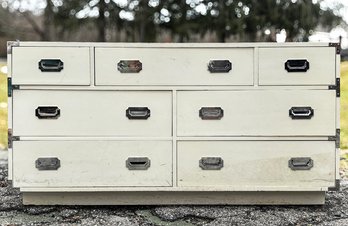 A Vintage 1970's Campaign Style Dresser In White Lacquer With Chrome Hardware