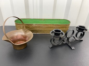 Metal And Brass Collection: Brass Basket, Long Oval Metal Planter, Black Metal Candle Holders