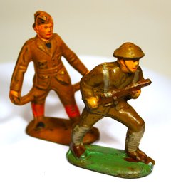 Two Antique Rubber Toy Soldiers Wounded Soldier Carrier & Soldier W Rifle