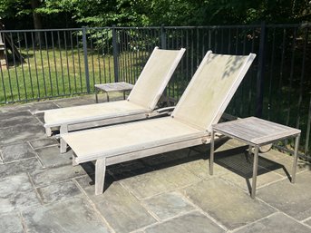 PAIR Glouster Teak Mesh Loungers With Side Table