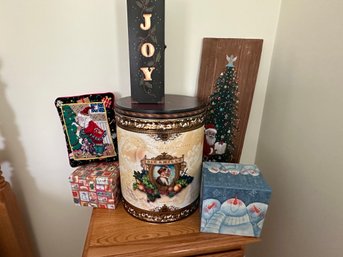 Large Tin, Joy Wine Box, Needlepoint Santa Pillow, Christmas Boxes And More