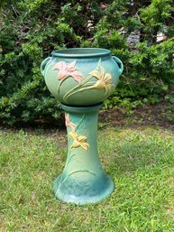 Vintage 1946 Roseville Pottery Zephyr Lily  Green Jardiniere And Pedestal, 671-8