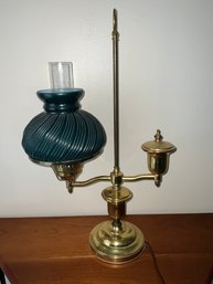 Beautiful Antique Brass And Green Glass Shade Student Oil Electric Lamp