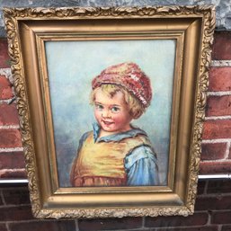 Charming Antique Oil On Canvas Painting Of Little Boy - Looks Like Original Frame - Brought From France 1970s