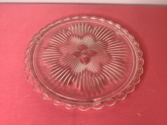 Vintage Cake Platter 11' Round Footed Clear Glass Cake Plate Scalloped Edges