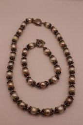 925 Sterling With Marcasites And Pearls Necklace And Bracelet Set Toggle Clasps