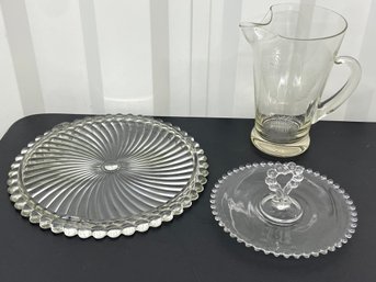 Clear Glass Swirl Cake Plate, Mint Plate With Center Heart Handle, Pitcher With Etched Wheat