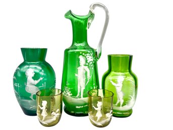 5 Pieces Of  Greenish And Hazel  Hand Decorated Antique Mary Gregory Glassware.up To 7' Tall.