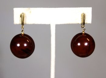 Pair Signed TRIFARI Gold Tone And Lucite 'ball' Shaped Clip Earrings