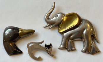 Vintage 925 Sterling Mexico Large 3D Puffy Elephant, Cat & Duck Animal Brooch Pins