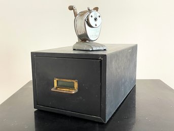 A Vintage Metal Card File Box And Pencil Sharpener