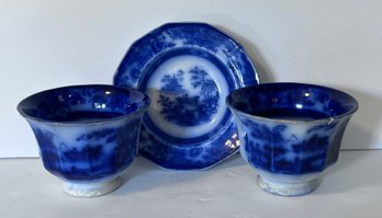 Flow Blue Set Of 2 Cups And 1 Saucer - As Is